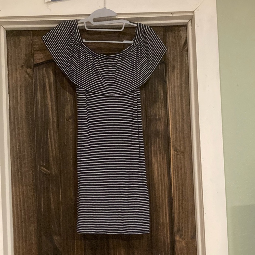 Women’s Blue and White Striped Body con dress, Off the shoulder